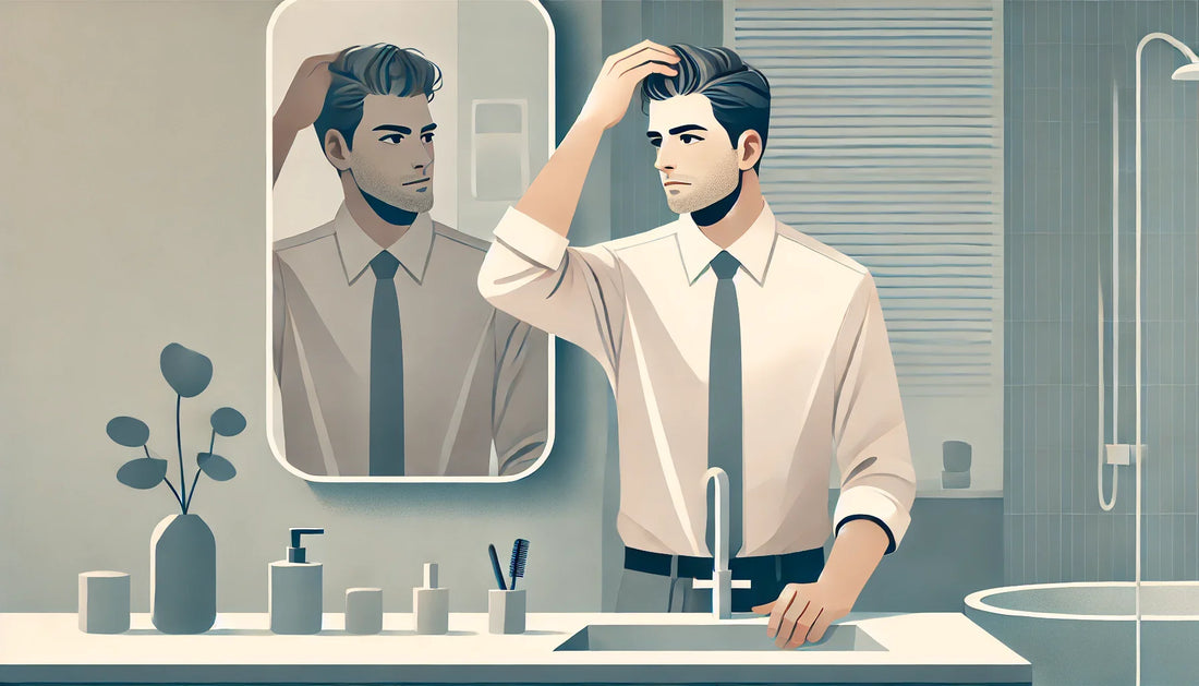 An illustration of a mid-30s man looking in the mirror and fixing his hair in the bathroom.