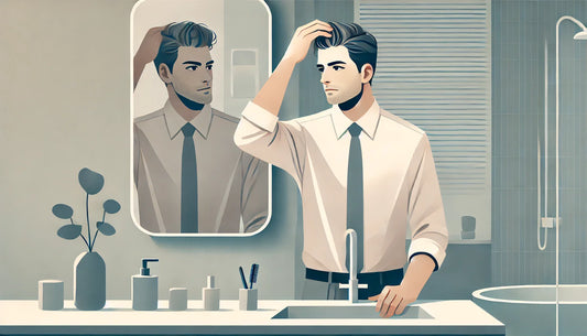 An illustration of a mid-30s man looking in the mirror and fixing his hair in the bathroom.